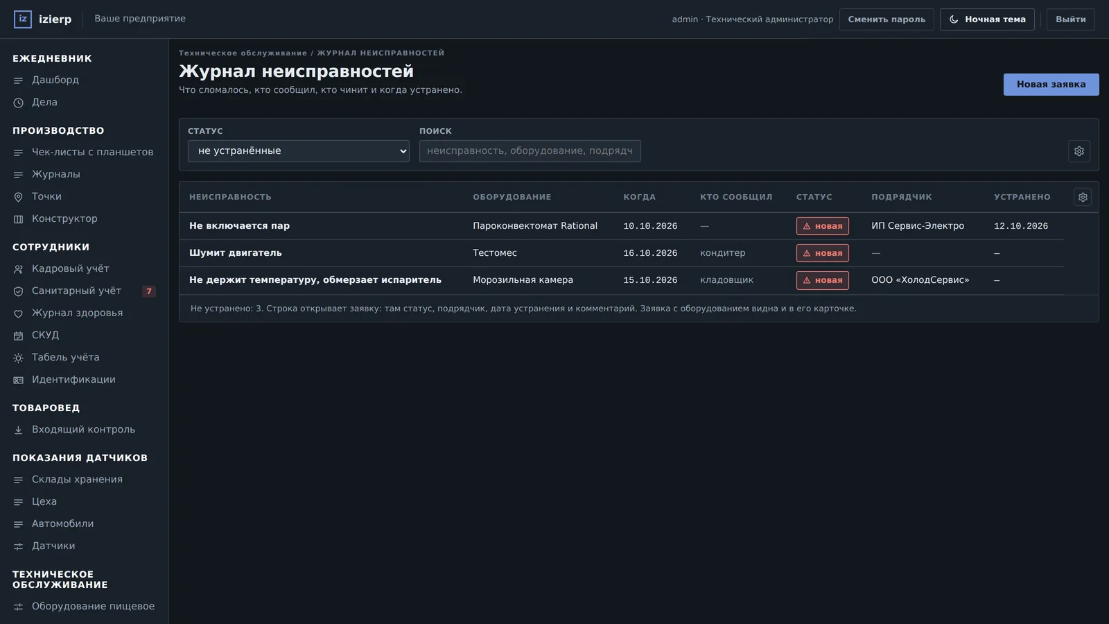 Журнал неисправностей
