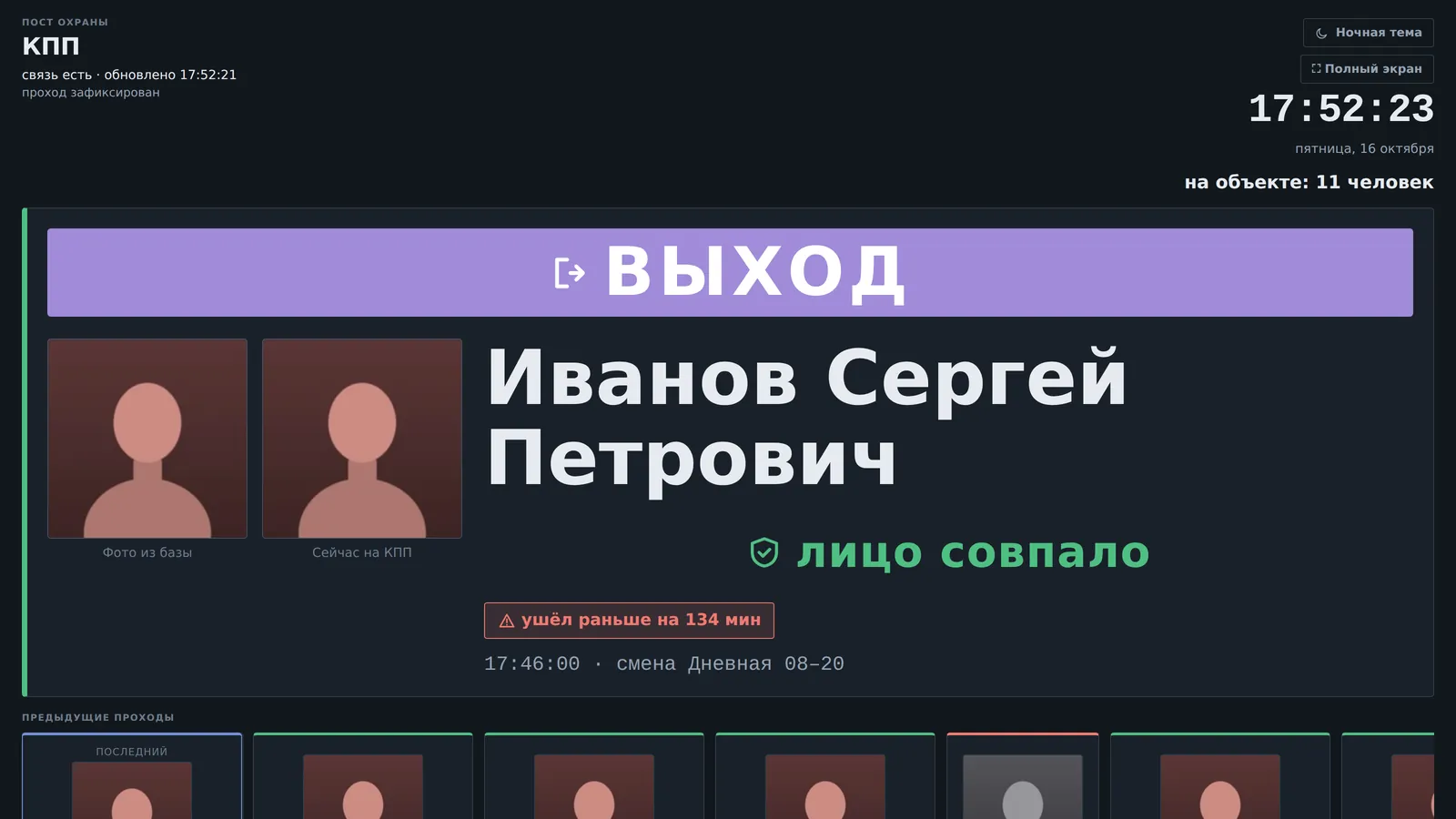 Монитор охранника: кто прошёл и совпало ли лицо